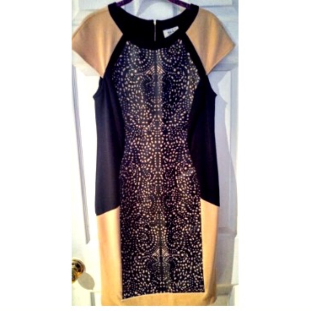 Camel & Black Dress Size 10 Laser Cut Block Sheath